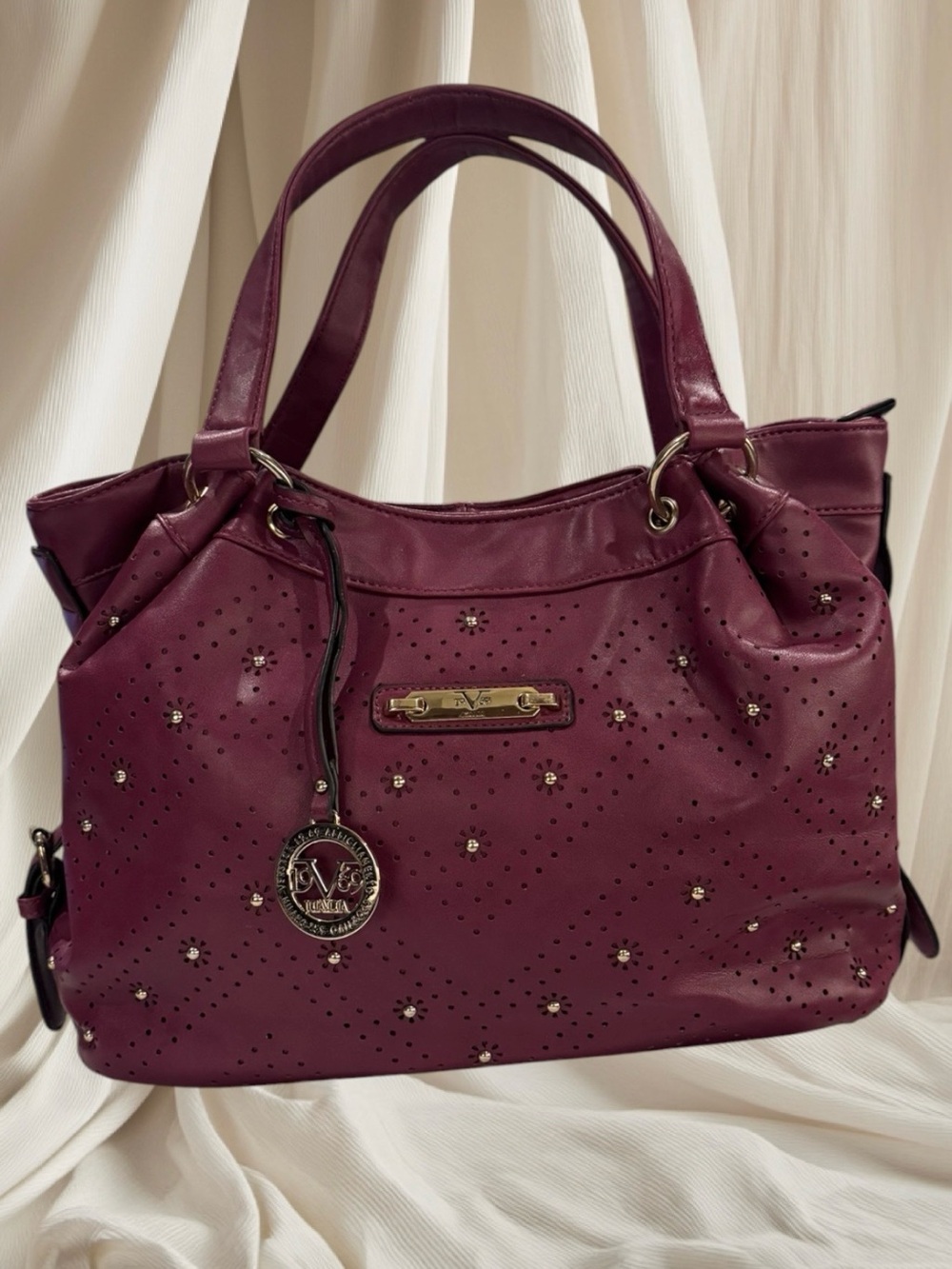 Versace 1969 Abbigliamento Perforated Burgundy Satchel with Gold Accents